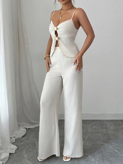 'Ari' Cutout Button Cami and Wide Leg Pants Set - Celes Fashion